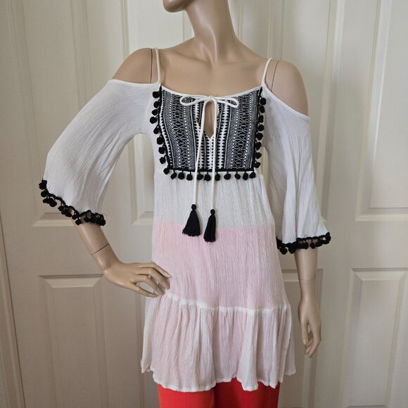 Forever 21 Cold Shoulder Embroidered Pom-pom Tunic SZ S Cream - Picture 1 of 8
